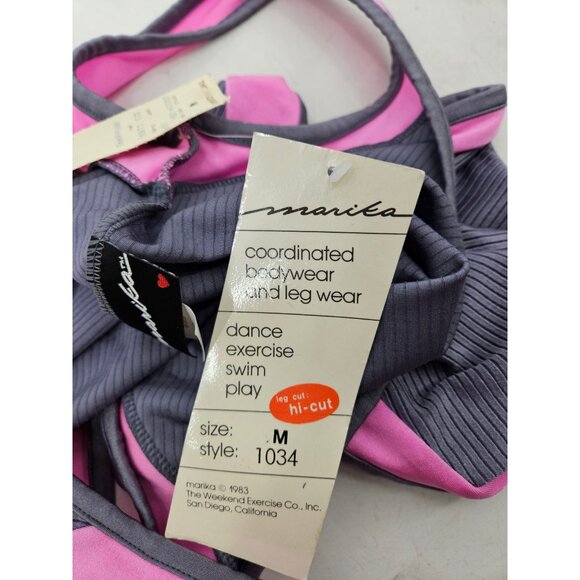 VTG New BEDAZZLE by Marika Leotard Womens M Grey Pink Hi-Cut Leg Spandex - Picture 5 of 5